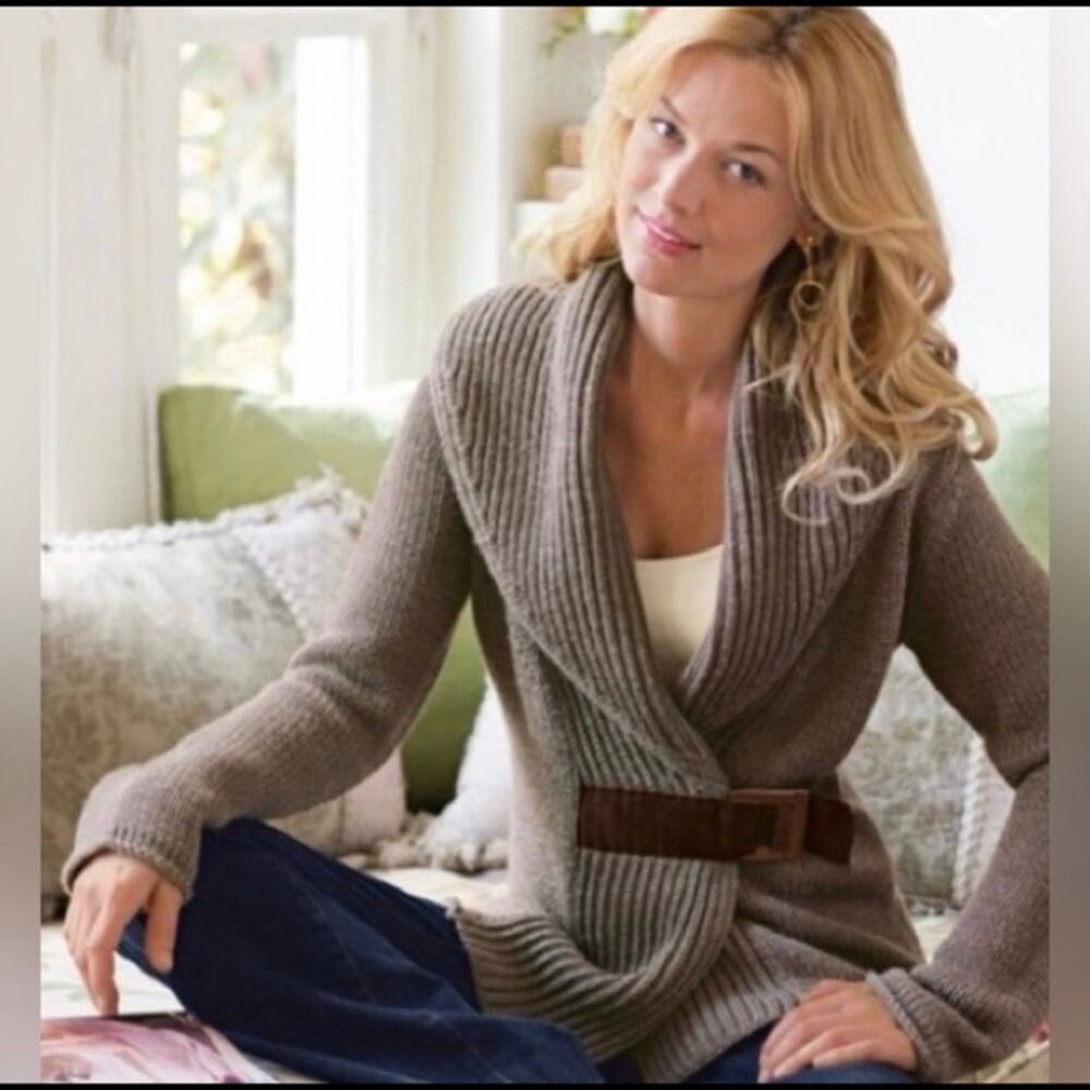 Soft Surroundings Taupe Wool Knit Buckle Front Cowl Neck Cardigan Size medium